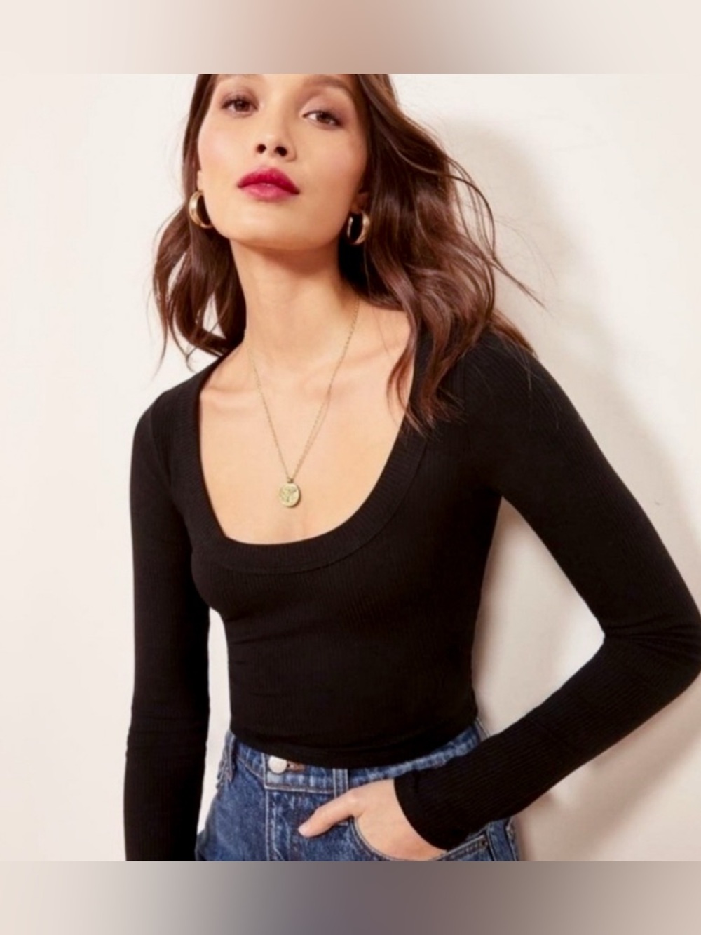 Paige Top-Reformation Black Ribbed Scoop Neck Long Sleeve Top